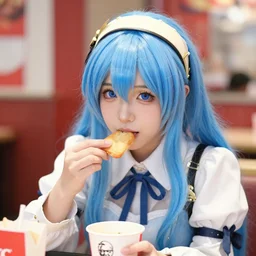 portrait photo still of adorable real life lucina!!! from fire emblem eating in a kfc, 8 k, 8 5 mm f 1. 8, blue hair, headgear
