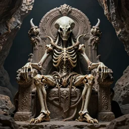 hyper realistic photography of intricate horrific alien bone god sitting on ruined ornamented rock throne in a rocky cave detailed, artstation, cgsociety