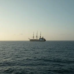seascape, a navy vessel in the distance, morning, william turner, artstation