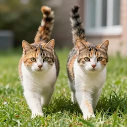 two multicolored calico cats walking together outside on a beautiful sunny day, green grass, featured on artstation, cgsociety