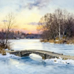 panorama watercolor of frozen lake, stone bridge, art by anders zorn, wonderful masterpiece by greg rutkowski, beautiful cinematic light, american romanticism by greg manchess and ghibli studio, creation by tyler edlin