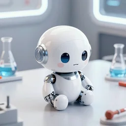 a cute rounded tiny robot, made out of shiny white metal, on a lab table surrounded by lab tools, sitting down, 3 d hyper realistic render, white neon lighting, pixar style, futuristic, science fiction, high angle close up shot, macro, technological