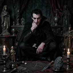dark night portrait f / 1. 4 of a thin neurotic forty two year old british man vampire feeling confidant in a cluttered room full of ancient artifacts dark dusty statues runes magical arcane instruments candlesticks ritual stone knife drapery bloody atmospheric hdr