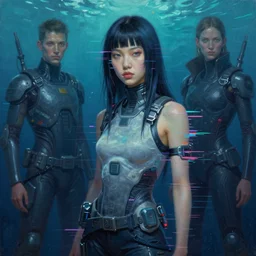 deep sea cyberpunk surrealist asian girl glitch art michael cheval, peter mohrbacher, boris vallejo, jessica rossier, oil