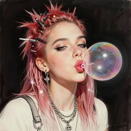 line art drawing of a punk girl blowing a bubble. artstation