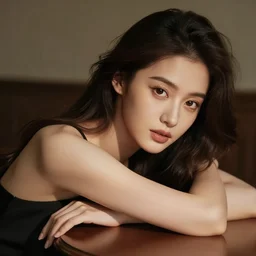 a photo of young woman leaning on a table