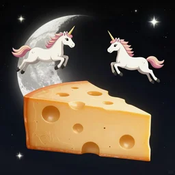 cheese moon with flying unicorns in space, realistic photograph