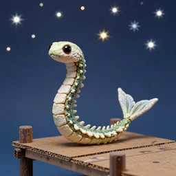 stop motion bipedal halloween eel snake skeleton fantasy mermaid with a fish bone body, on a spray painted cardboard dock with a hand painted night sky full of led glittery stars, adorable, side profile, macro camera lens