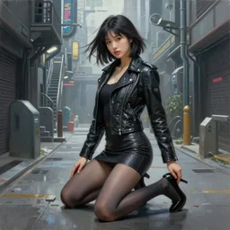 perfect, realistic oil painting of japanese girl kneeling, in leather jacket, miniskirt, pantyhose and high heels, in sci-fi dystopian alleyway, by an American professional senior artist, Hollywood concept, dynamic composition and motion, postproduction.