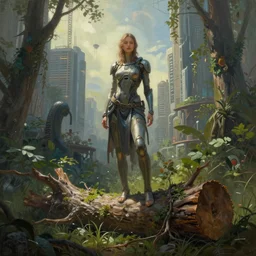 an intricate concept portrait painting of a futuristic woman standing behind a humongous log in an undergrowth city, post - apocalyptic, dystopian, style ivan talavera and artgerm, radiant lighting, hyper realistic, photorealistic, octane render, artstation, cgsociety, cinematic light, global illumination, sci - fi