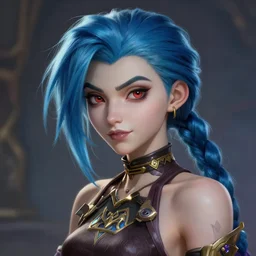 a League of Legends FAN ART Portrait of JINX, blue hair, pigtail, intricate, elegant, highly detailed, digital painting, concept art, smooth, sharp focus, illustration, by Alex Horley&Heather&Theurer&aaron horkey&Greg Rutkowski,artstation,deviantart,Unreal Engine,face enhance,8K,golden ratio,cinematic lighting