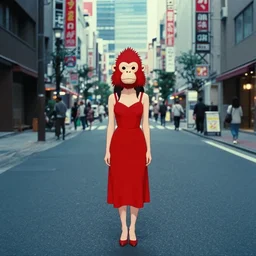 a woman in a red dress wearing a red baboon mask standing alone on an empty street in downtown Tokyo , film still from the an anime directed by Katsuhiro Otomo with art direction by Salvador Dalí, wide lens