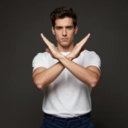 stock photo of man saying no by making an x with his arms, white tee-shirt, blue pants, studio shot