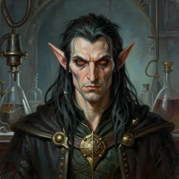 a super detailed illustration portrait painting of an evil elf alchemist male in medieval lab setting, d & d rpg portrait, hires headshot, 4 k, symmetrical, centered, art by tim hildebrandt and frank frazetta and gerald brom
