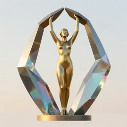 geometric mathematical shaped metal sculpture with rainbow crystal glass elements reflecting the light, statuesque female dancer figure within the sculpture with her arms towards the sky, golden hour, facing the camera, portrait, jeff koons, rodin, peter elson, alan bean, wangechi mutu, clean cel shaded vector art, trending on artstation
