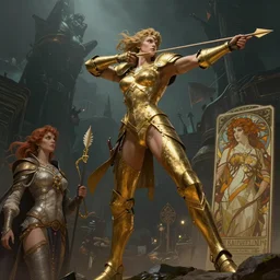 a male valkyrie knight wearing golden armor and a string bikini, shooting arrows through sky, cyberpunk dark fantasy, art by artgerm and karol bak and moebius and alphonse mucha and greg rutkowski, hyperdetailed, ultrarealistic, octane render