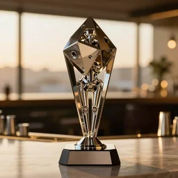 a tall reflective very symmetrical biomechanical polyhedral 3 d printed steel ornate, intricate, engineering trophy at a high end bar in golden afternoon light, professional food photography