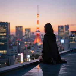 A girl wearing a long black cape kneeling on the edge of a rooftop looking towards a neon lit Tokyo city at Sunrise, in the style of RossDraws Gaussian Blur, reflections —w 1280