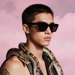 portrait, fashion model in sunglasses, snakes, pink cloudy background, hyper detailed, photo realistic, vouge style photo, painted by charles bird king