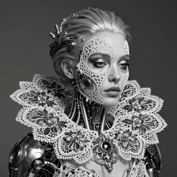 surreal black and white photo portrait of complex biomechanical liz katz cyborg with a mandelbrot fractal metal fine lace face, silver hair, 1 5 0 mm lens, soft rim light, fine metal floral foliage super big lace collar, alexander mcqueen, high fashion, haute couture, rococo, steampunk, silver filigree details, anatomical, facial muscles, cable wires, microchip, elegant, hyper realistic, octane render, unreal engine, by man ray and dora maar, volumetric lighting, 8 k,