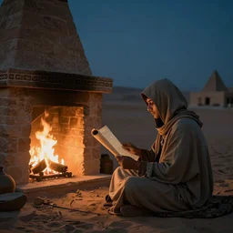 a hooded person reading a scroll by the fireplace in the egyptian desert, moody, realistic, calming, night