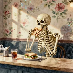 watercolor of n eye level view of skeleton sitting at the counter of a cafe, eating a sandwiche. in the background is floral wallpaper with iridescent and floral theme.