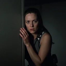 Ridley Scott cinematic scene from Alien movie with Ripley hiding in a corner, low light, dark, grainy, 35 mm, realistic, Panavision PSR R-200