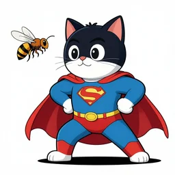 a superhero cat fighting a wasp in a comic book style