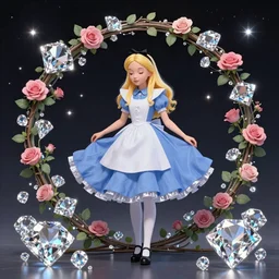 Alice in Wonderland,Diamonds Blaze,Rose twining,out of time and space,dreamy, eternity, romantic,highly detailed,in the style of Alphonse Maria Mucha, night lighting