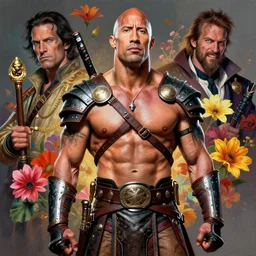 portrait of a skinny punk dwayne johnson wearing armor by simon bisley, john blance, frank frazetta, fantasy, thief warrior, floral flowers colorful