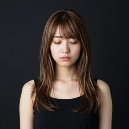 young gorgeous japanese woman with mixed color hair, peaceful expression, medium shot, canon eos r 3, f / 1. 4, iso 2 0 0, 1 / 1 6 0 s, 8 k, raw, unedited, symmetrical balance, in - frame, black background