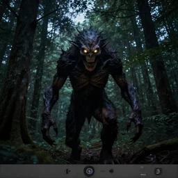 horror creature with glowing eyes, trail camera view, in midnight forest