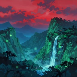 green blue isekai cyber neon japanese mountains, meditating void sky - red clouds, dark inky forest, waterfalls, low clouds rimlight bokeh pixiv # 1 ranking depth focus, chromatic aberration, noise, soft lighting, srgb, 4 k, cinematic rembrant kuvshinov ross tran craig mullins leyendecker wlop guweiz