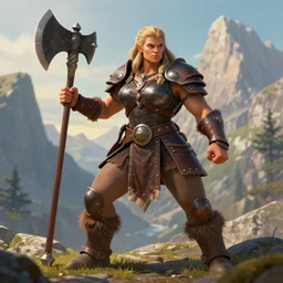 barbarian woman wearing leather breastplate posing with great axe in the mountains | dungeons and dragons artwork | broad body strong robust | volumetric lighting | larry elmore |
