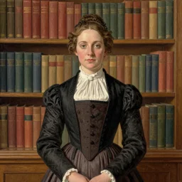 a character portrait of a lady, centered, year 1 8 0 0, illustration, standing in front of a book!!! shelf!!! with a lot of books, facing the camera, by greg rutkowski