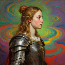 side portrait, baroque oil painting, imogen poots, paladin, gloomhaven, octane render, colorful swirly ripples,, gaudy colors, unreal engine, anime, tarot, art nouveau, illustration concept art, bokeh, by victo ngai, fanbox, greg rutkowski, makoto shinkai, mucha, studio ghibli