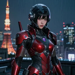 A hyperrealistic portrait painting of a cyber warrrior girl wearing futuristic mecha suit without helmet, black and reddish shinny color armor, ultradetailed face expression trending on artstation and artbreeder, cyberpunk color heavy rainning at tokyo midnight rooftop, unreal 5, DAZ, 8k, unreal 5 engine render, cosplay, RPG portrait, final fantasy Vll world concept, dramatic lighting, rim lights, PS5 render quality