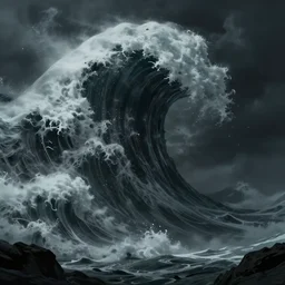 concept art by greg rutkowski, a gigantic wave of a hundred thousand meters rising, dark lighting, uncanny and scary atmosphere, scifi, digital painting, artstation, concept art, smooth, sharp foccus ilustration, artstation hq