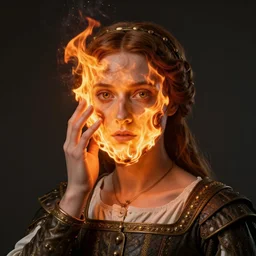 Joan of Arc, holding a heavy fiery face, unreal render