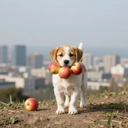 A puppy carrying apples on top  of a hill with a city backdrop