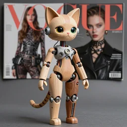 a cat and a beautiful jointed wooden art doll, super dollfie, biopunk, solarpunk, mecha, feminine curves, wires, surreal, dan mumford, beeple, fashion magazine, vogue, harper's bazaar art, id magazine, intricate, 8 k render in octane, sharp focus, ektachrome