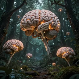 a weird magical forest with giant glowing brains. Highly detailed. 8k. Fantasy horror.