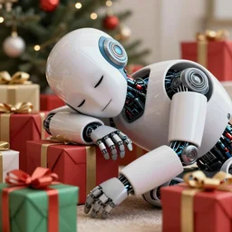 robot asleep at christmas. surrounded by gifts. high quality detailed face. beautiful digital art, high detailed by beeple