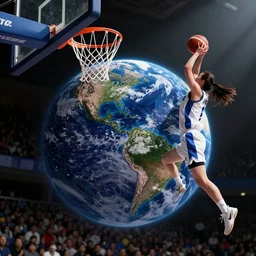 A female basketball player dunking the planet Earth during a game