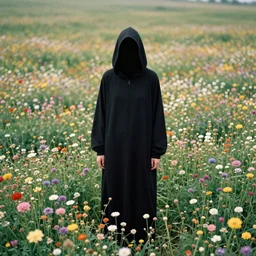 tall hooded shadow person figure standing in beautiful meadow of flowers, film photo, grainy, high detail, high resolution