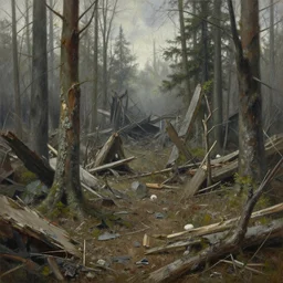 painting of a destroyed forest battleground, fine details, magali villeneuve, artgerm, rutkowski