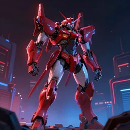 arasaka mech, cyberpunk, art by christian ward, red and blue neon