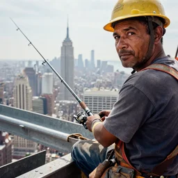 closeup portrait of a construction worker with a fishing rod sitting on a metal beam high over new york city, photography, world press photo, david lazar