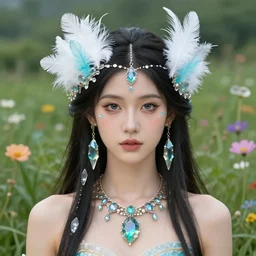 a detailed pfp portrait beautiful divine tribal high priestess and water nymphs with feathers and crystals in a lush field of flowers, playing in waterfalls, wide painting by greg rutkowski and hr giger, zbrush, trending on artstation : 1 h 1 0 2 4