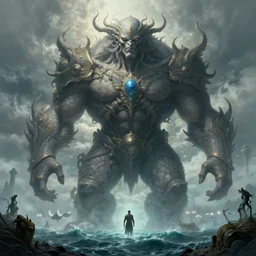 a hulking giant emerging from ocean, a scenic dystopian environment, lovecraftian, intricate, elegant, highly detailed, centered, digital painting, artstation, concept art, smooth, sharp focus, illustration, artgerm, tomasz alen kopera, peter mohrbacher, donato giancola, joseph christian leyendecker, wlop, boris vallejo